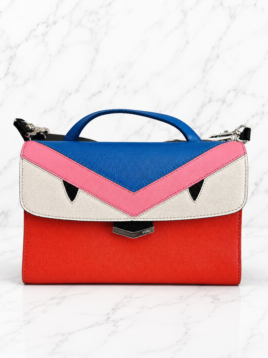 Fendi Monster Multicolor Top Handle Crossbody Bag Orange Blue Pink Silver Hardware