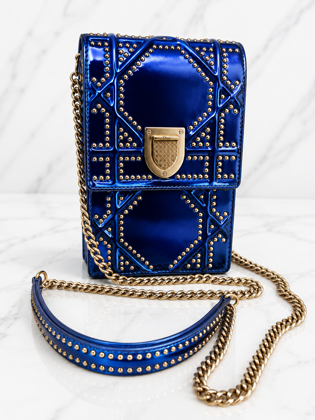Dior Diorama Vertical Leather Crossbody — Blue with Gold Studs