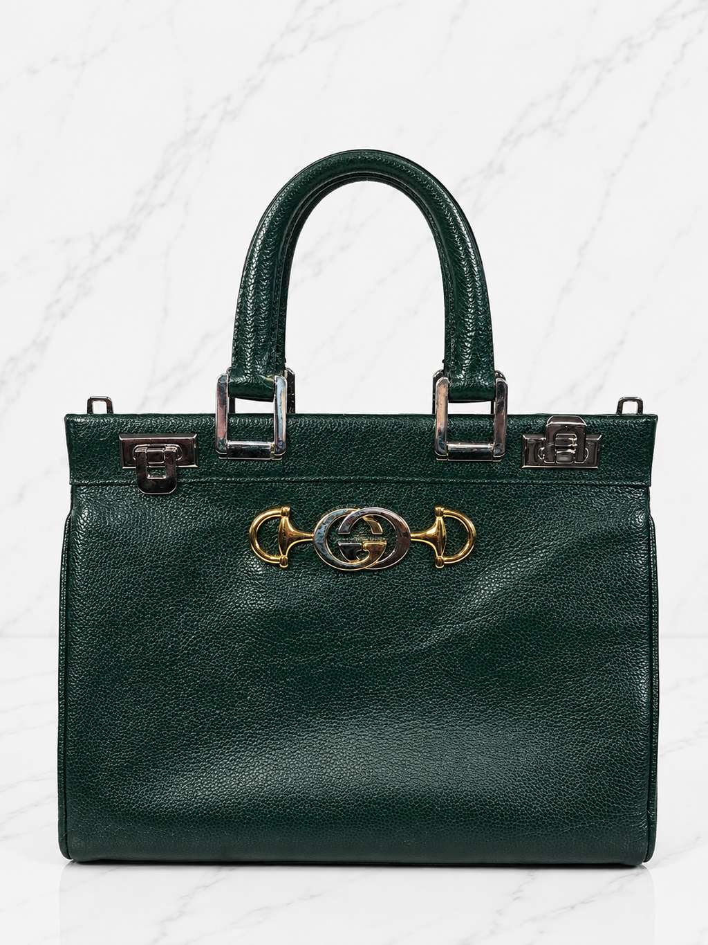 Gucci Zumi Top Handle Bag Green Grained Calfskin Leather Gold Silver Hardware