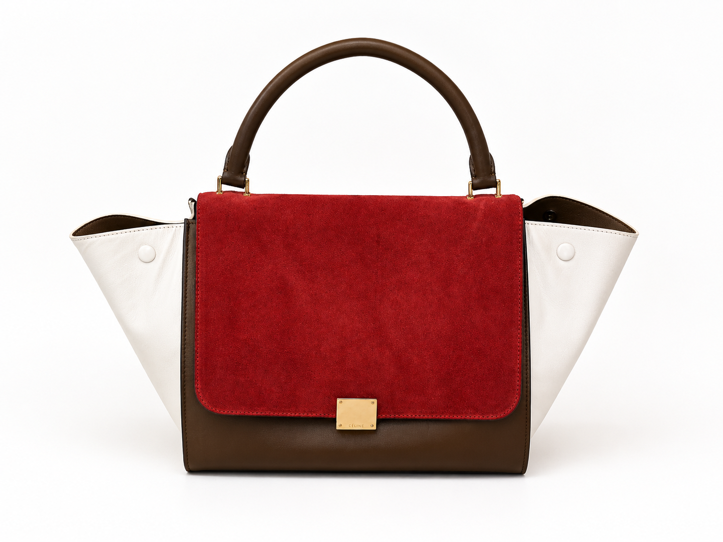 Céline Tricolor Leather and Suede Medium Trapeze Bag in Red, White and Brown