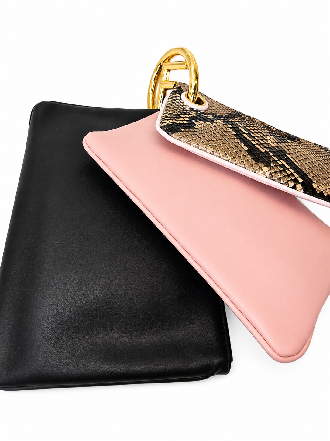 Fendi Triplet Clutch Bag – Black Leather & Pink Snakeskin