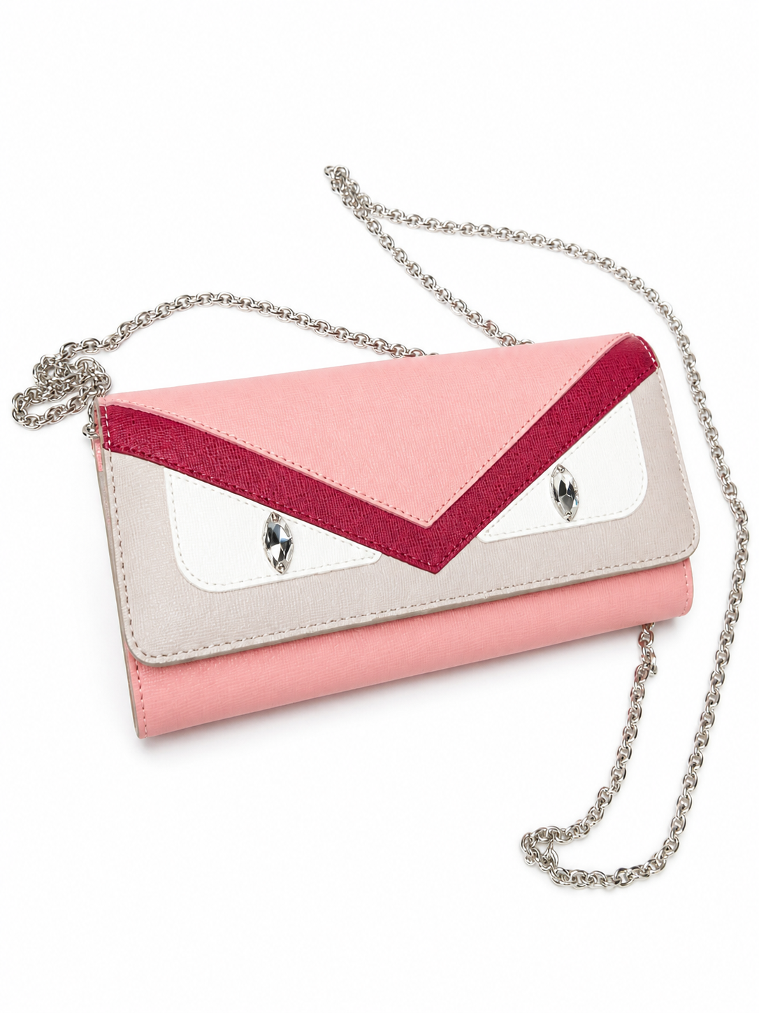 Fendi Leather Monster Wallet with Chain in Pink, Red and Grey